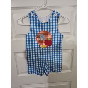 Dovie Jane Blue White Embroidered Button Shoulder Checkered Rompers 3T
